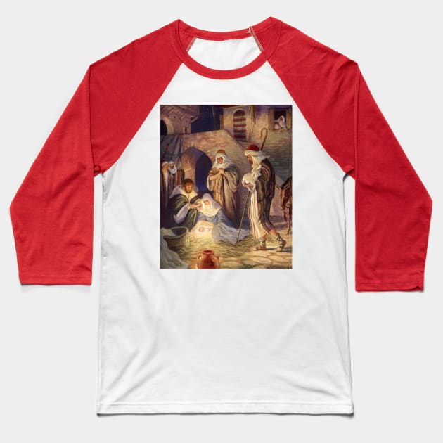 Vintage Christmas Nativity Scene Baseball T-Shirt by MasterpieceCafe